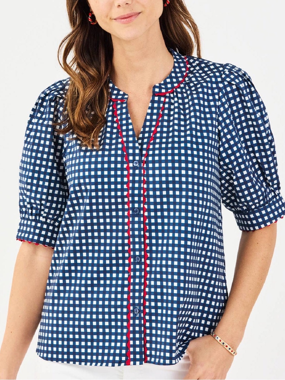 Mary Square Women’s Navy Gingham Button-Front Top with Red Trim